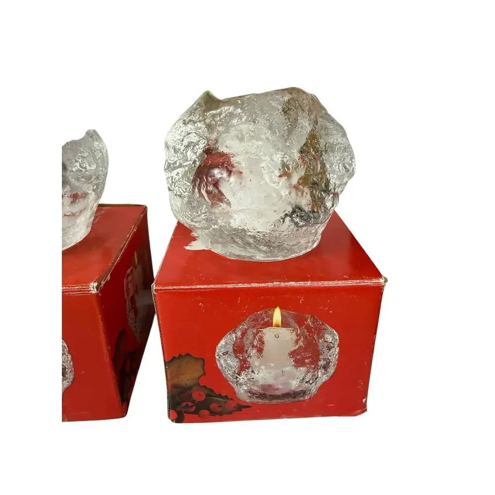 Vintage Ice Cube Snowball Glass Candle Holders Set of 3 Made in Taiwan w/ Boxes